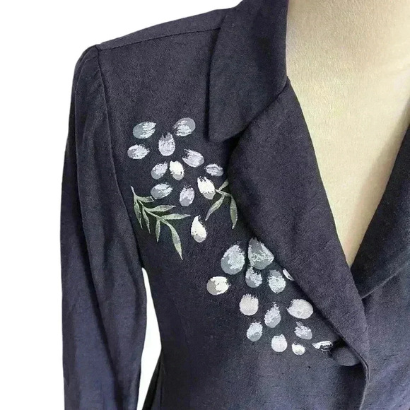 Jessica Howard Coat Dress Navy Blue with Handpainted Flowers Vintage 80s Size 10 - Picture 2 of 9